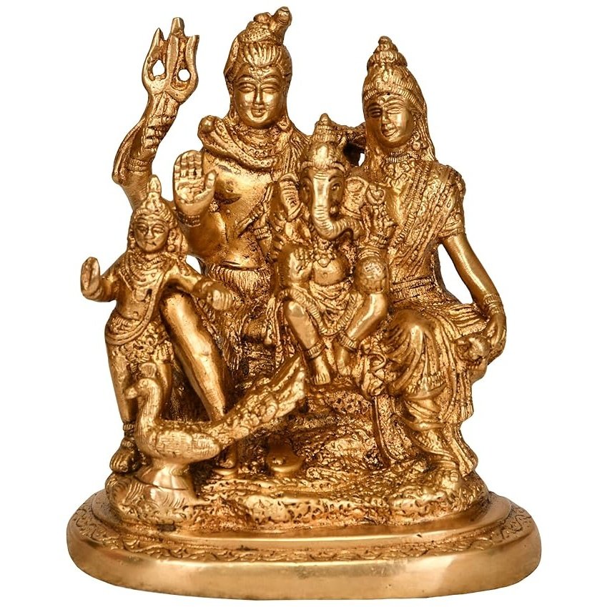 Brass goddess Shiva householder figurine with multiple deities, seated on base