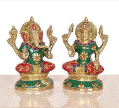 Brass Lakshmi-Ganesh idols on pedestal: Ganesha and Lakshmi seated with jeweled details