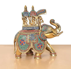 Brass king riding elephant figurine with multicolor jeweled panels and raised trunk