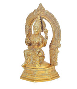 Brass Lakshmi idol, 10-inch, three-quarter view with curved halo and sculpted base