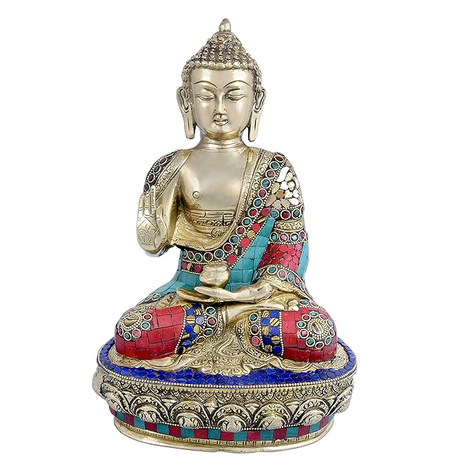 Brass Murti Buddha Idol Statue in Blessing Posture in Colored Stones for Home Office Decoration Good Luck Religious Vastu Gift Height 12 Inch