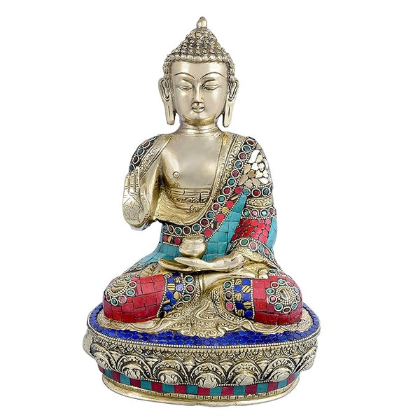 Brass Murti Buddha Idol Statue in Blessing Posture in Colored Stones for Home Office Decoration Good Luck Religious Vastu Gift Height 12 Inch