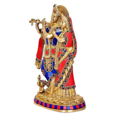 Radha Krishna brass statue with Radha’s veil and Krishna’s flute pose