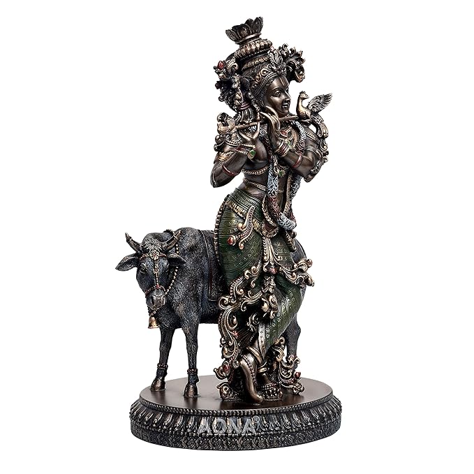 Large Krishna Idol Playing Flute On The Back Kamdhenu Cow - Statue Showpiece Murti for Home Office Height 10.5 inches