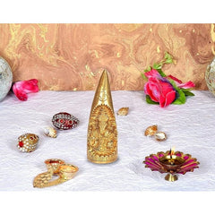 Brass Ganesh conch idol showpiece, gold engraved cone, 4.5 in