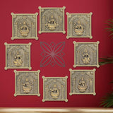 Set of 8 brass Ashtalakshmi wall hangings, square frame with seated goddess relief