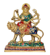Brass Durga Maa statue on lion, ornate crown and multicolor garment with beads