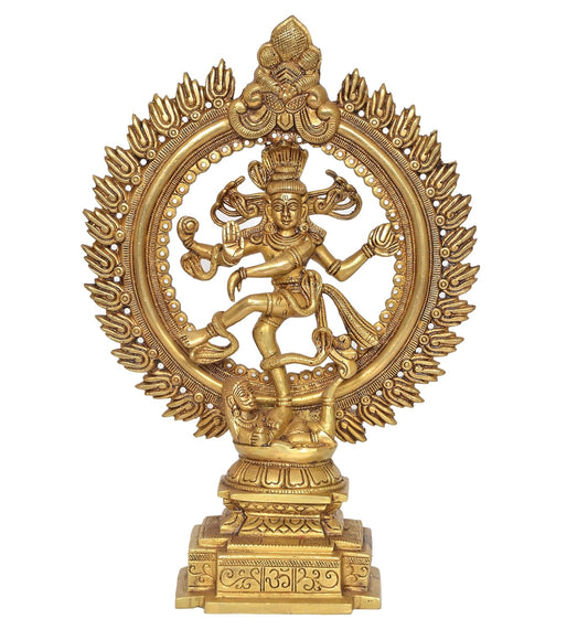 Brass Natraj Lord Shiva Dancing Natraj Brass Idol Statues for Home Decor and Ofice Multicolor (Height: 15.5 inch) (Golden and Green)