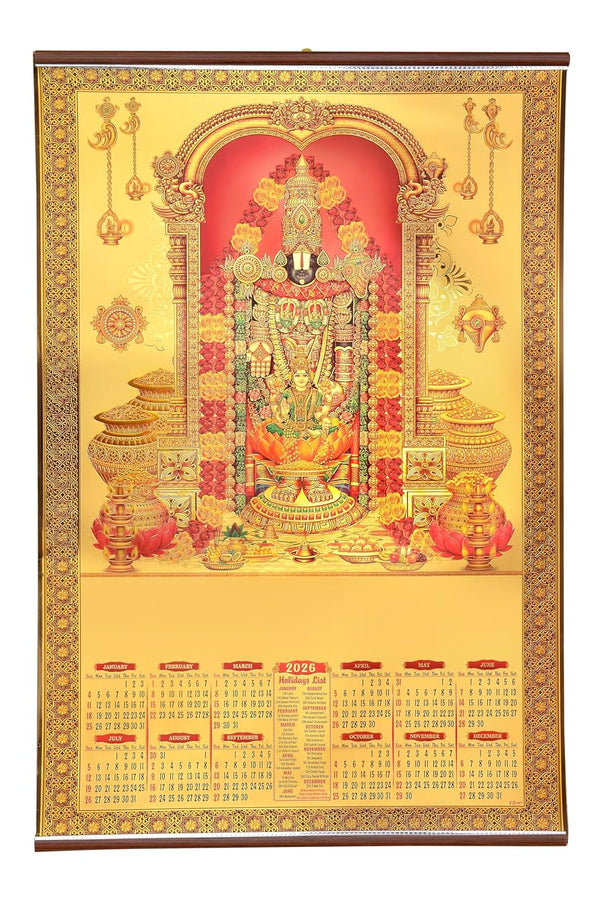 Gold Foil Tirupati Bala ji 2026 Wall Calendar Hanging (24 x 36 inch) (Golden) Study Setting