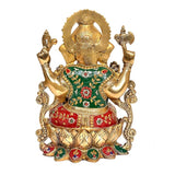 Brass Ganpati on lotus base, 12 in, back view showing decorated dress and raised arms