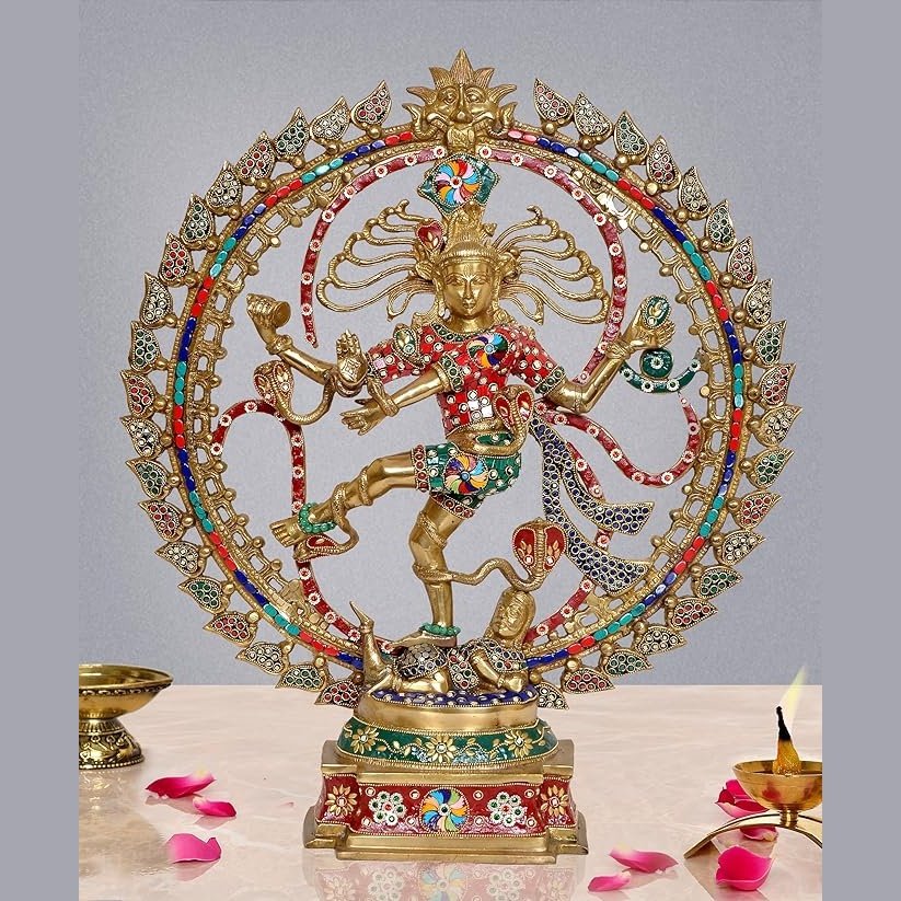 Brass dancing Shiva Natraj idol with multicolor arch, front view