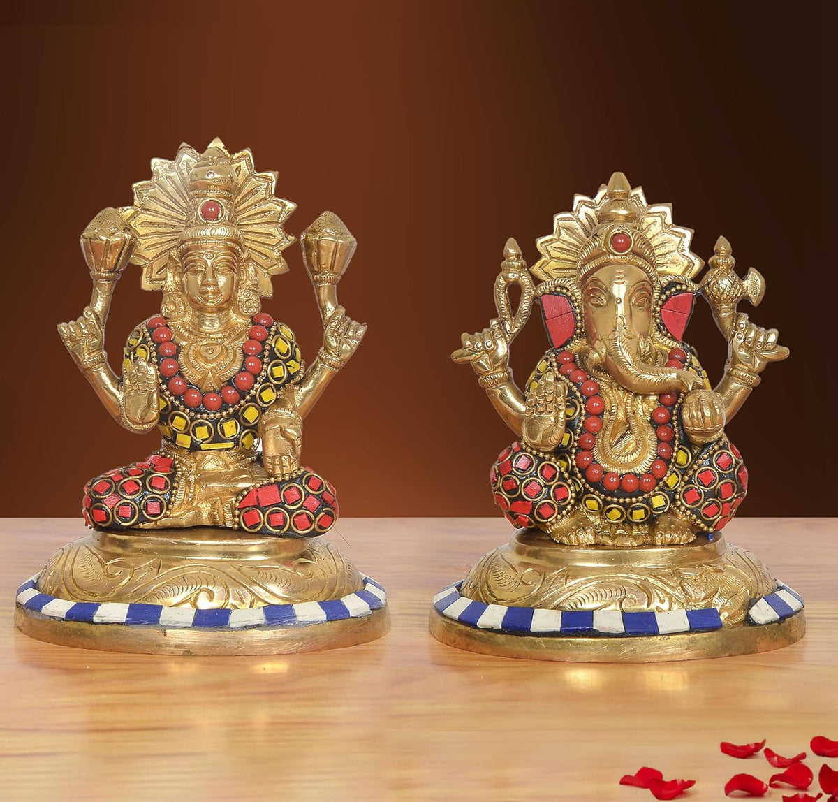 Brass Lakshmi Ganesha Statue - Handcrafted (Height: 5 Inch) (Multicolor 1)