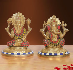 Brass Lakshmi and Ganesha statue set, multicolor beaded detailing, 5-inch.