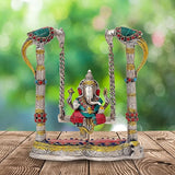 Lord Ganesha brass jhula swing idol with ornate pillars and hanging chains, 8 inch