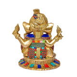 Ganesh idol from behind, pagdi turban drape, gold tone, multicolor jewel band on base