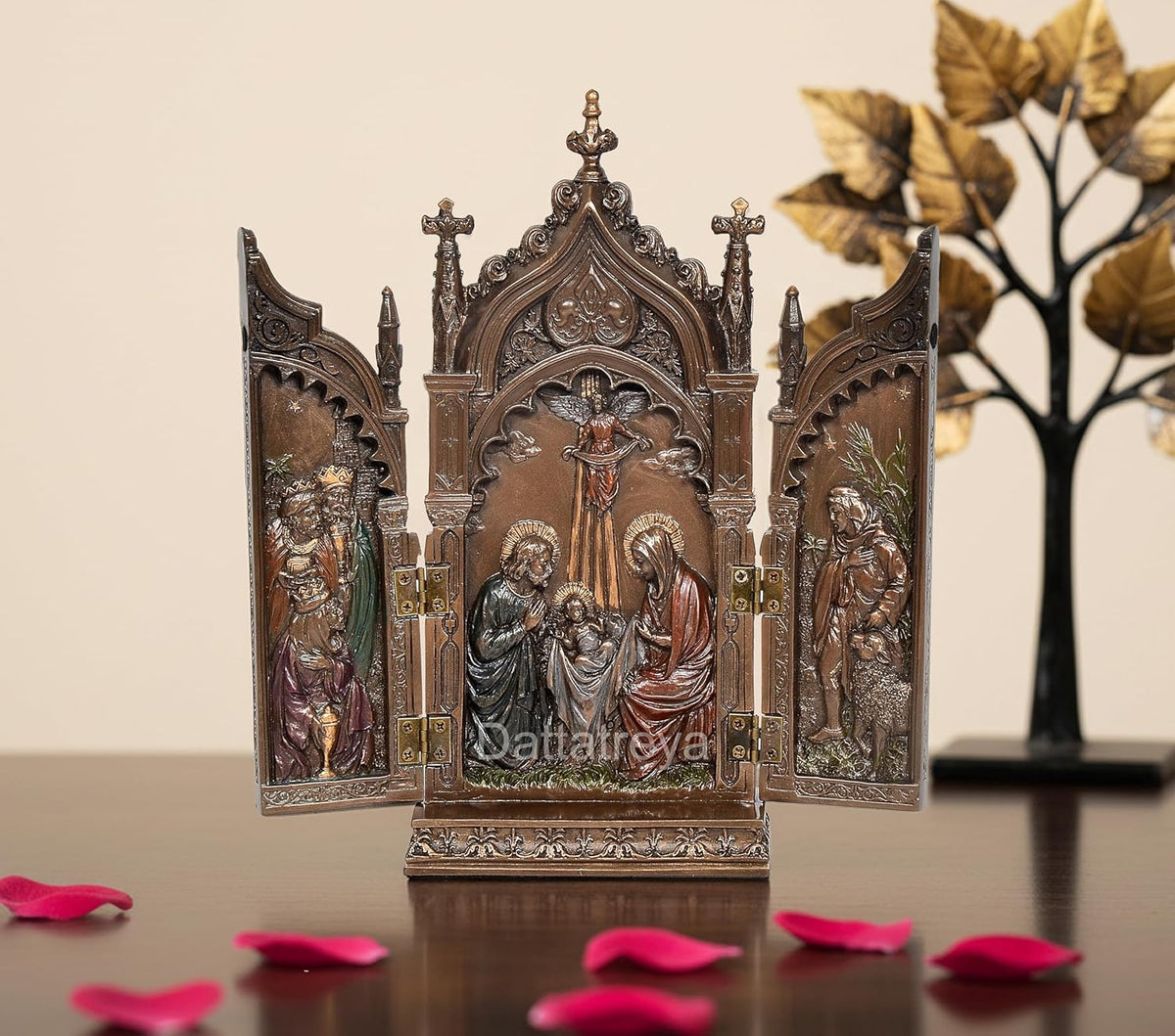Bronze-finish resin church gate statue with Jesus and angels, 8.5 in tall.