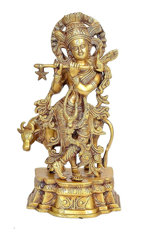 Brass Lord Krishna with Cow Idol Figurine Decorative Showpiece Krishna Idol for Home Office Temple Decor Gift Item Golden Height 13 Inches