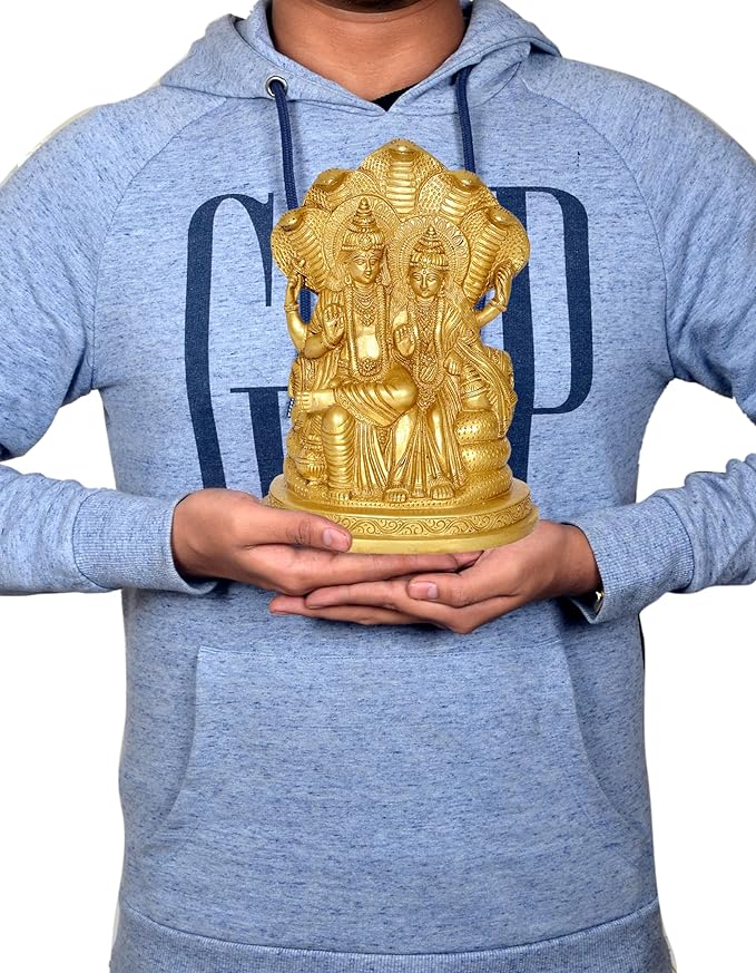 Brass Lord Vishnu with Maa Lakshmi On Sheshnag Idol Statue - (Height 9 inch)