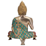 Brass Buddha statue back view, ornate beaded turquoise and red robe, seated on base
