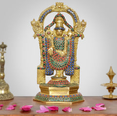 Brass Lord Tirupati Bala Ji idol statue with jeweled blue-red arch and base