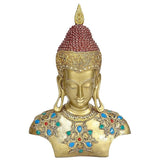 Gold Resin Buddha bust with red beaded crown, calm closed-eye face, colorful jewel details