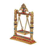 Brass swing jhula side view with hanging seat chains and patterned base for Ladoo Gopal
