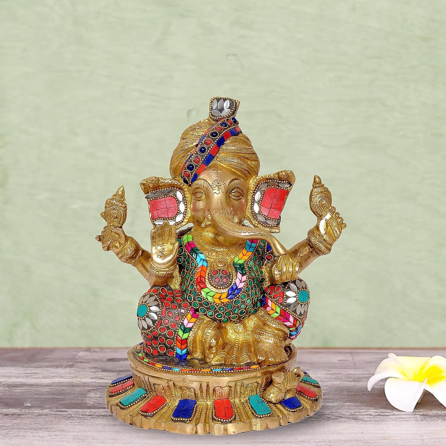 AONA Mangalkari Ganesh in Pagdi On Asan Golden Brass Statue Idol Murti (Height : 9.5 Inches)