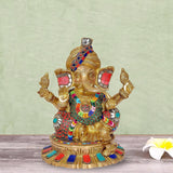 Ganesh idol with pagdi turban, gold tone, jeweled red blue green detailing, 9.5 in