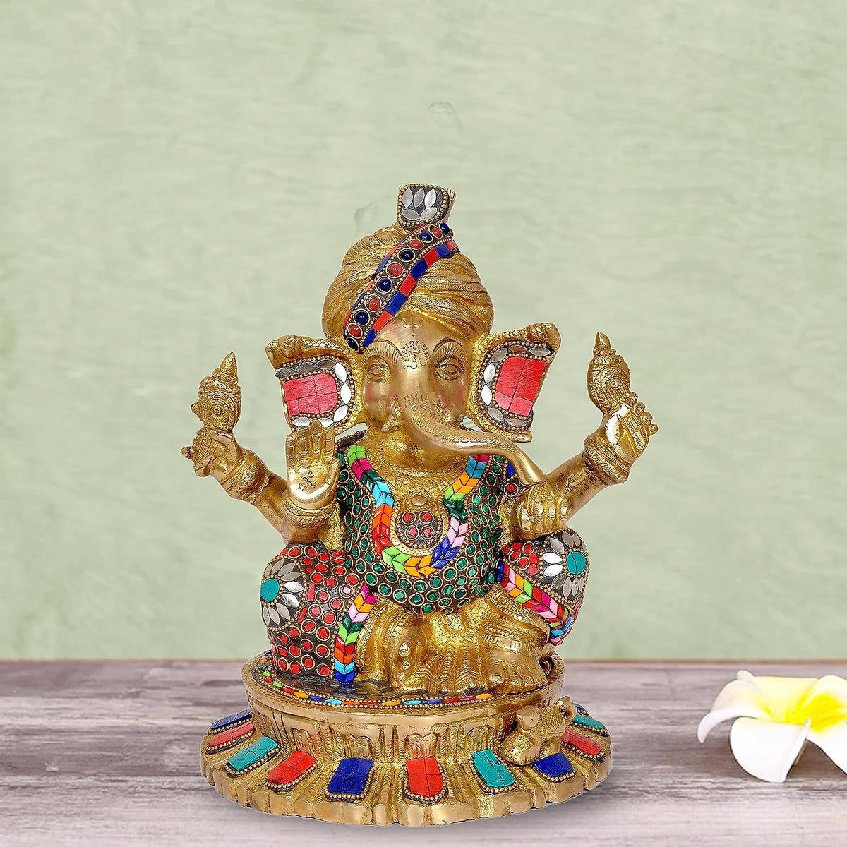 Ganesh idol with pagdi turban, gold tone, jeweled red blue green detailing, 9.5 in