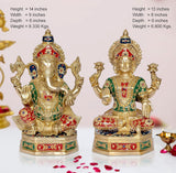 Brass Lakshmi Ganesh statue, seated front figures with painted red, green, and blue accents