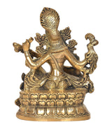 Brass Maa Saraswati idol rear/side view with veena, detailed base and swirling carvings