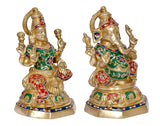 Dreiviertel-Ansicht Messing-Laxmi-Ganesh-Statue, goldfarbene Lakshmi- und Ganesha-Figur
