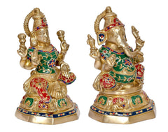 Dreiviertel-Ansicht Messing-Laxmi-Ganesh-Statue, goldfarbene Lakshmi- und Ganesha-Figur