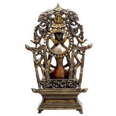 Polyresin Buddha idol, circular halo with detailed filigree, bronze-gold finish