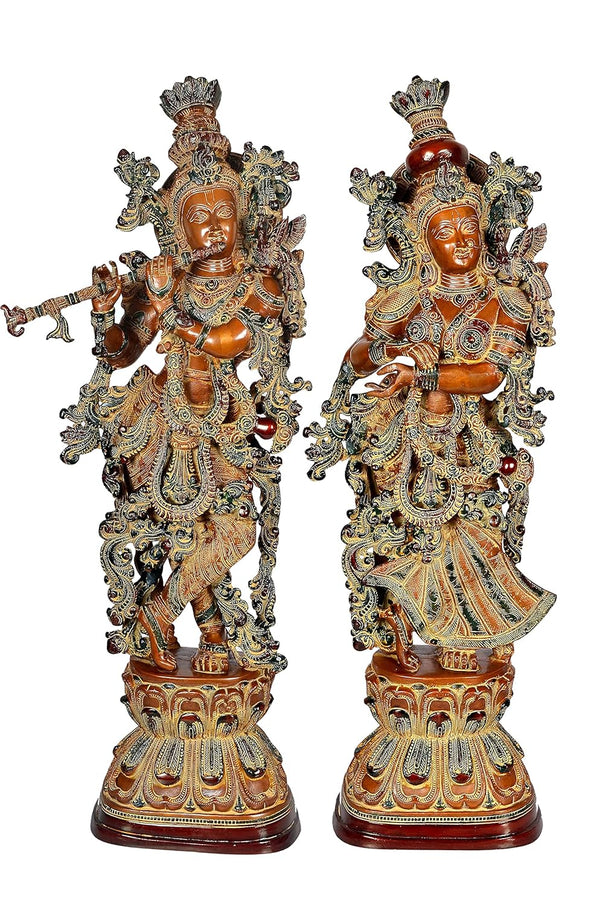 Brass Radha Krishna Figurine (Height 29 Inches) Brown Entryway Setting