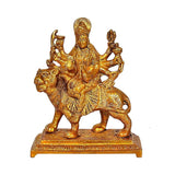 Durga brass statue seated on lion, holding weapons, ornate deity sculpture for puja