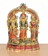 Ram Darbar brass idol, three standing figures with ornate red, green and blue detailing