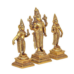 Brass Vishnu with Bhudevi & Sridevi statues, detailed crowns and raised hands