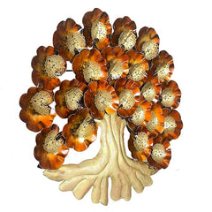 Iron tree wall hanging with warm LED lights, detailed golden trunk and bronze petals