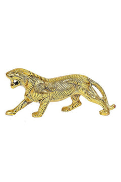 Golden tiger statue figurine, side profile with open mouth and curled tail