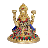 Maa Lakshmi brass pooja idol, red and green beadwork, gold crown, seated