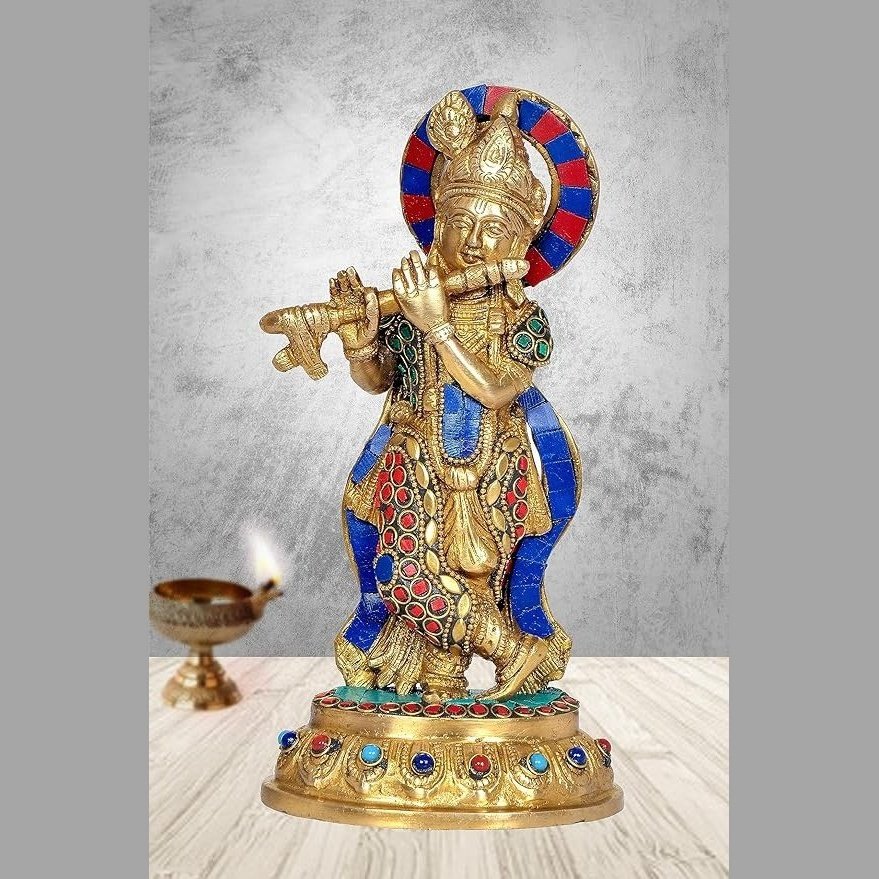 Brass Krishna flute figurine with colorful halo, round base, 8.5 in