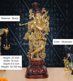 Brass Lord Krishna idol, 37 in height, multicolor decorative finish