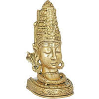 Brass Shiva mukha linga idol, close view of head with detailed crown, earrings, carved base