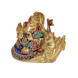 Brass Ganesha with jeweled crown and seated pose on swan palki