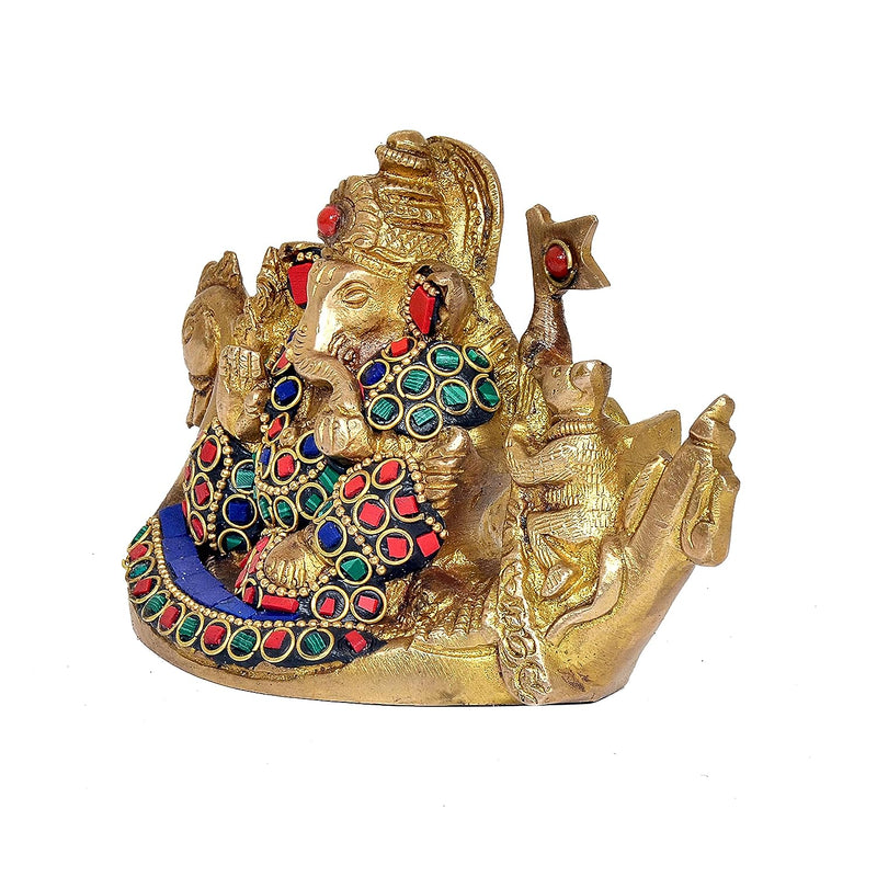 Ganesh Sitting on Swan Multicolor Brass Statue (Height: 3 Inches)