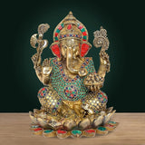 Bronze Ganesha idol on lotus with jeweled chest, raised arms, 11-inch temple statue