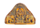 Brass Lakshmi Ganesha idol with ornate circular halo and two small elephants