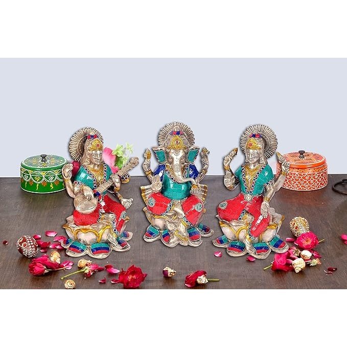 AONA Brass Lakshmi Ganesha Saraswati statue set, silver finish, seated with colorful details