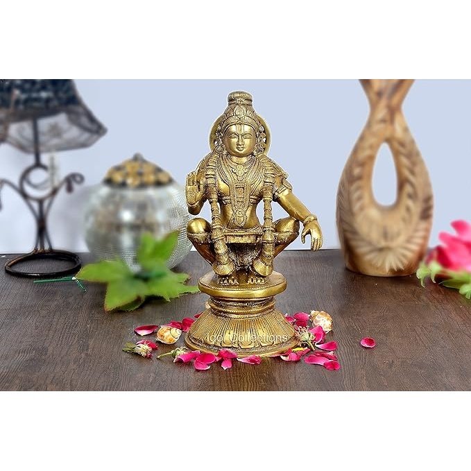 Brass Ayyappa Son of Vishnu and Shiva Murti, God of Growth Golden Statue (Height: 8 .5 Inches)